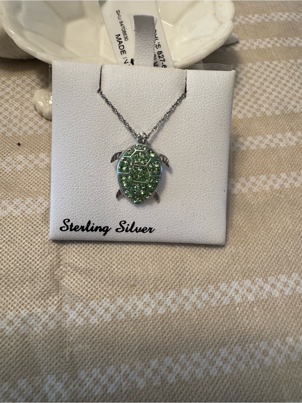 Sterling Silver Turtle Pendant Necklace with Green Crystals - Picture 2 of 4